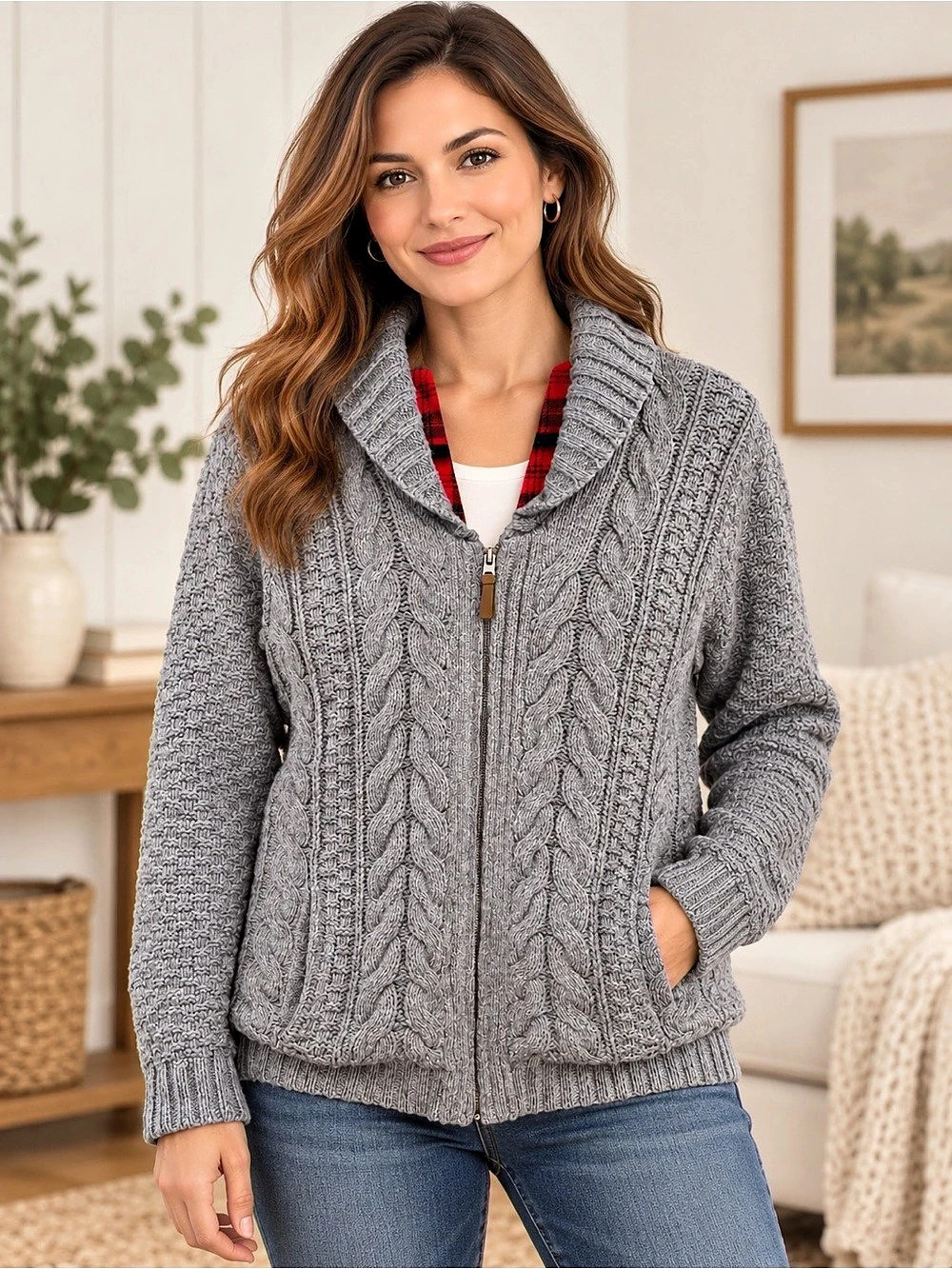 Eddie Bauer Lambswool Cable Knit Zip Cardigan Sweater Medium Gray Plaid Lined